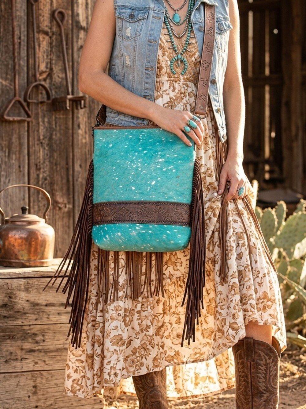 American Darling Turquoise Speckled Fringe Crossbody Bag